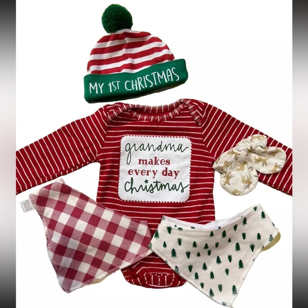Mudpie Unisex Infant Bodysuit My First Christmas With Hat Mittens And Bibs